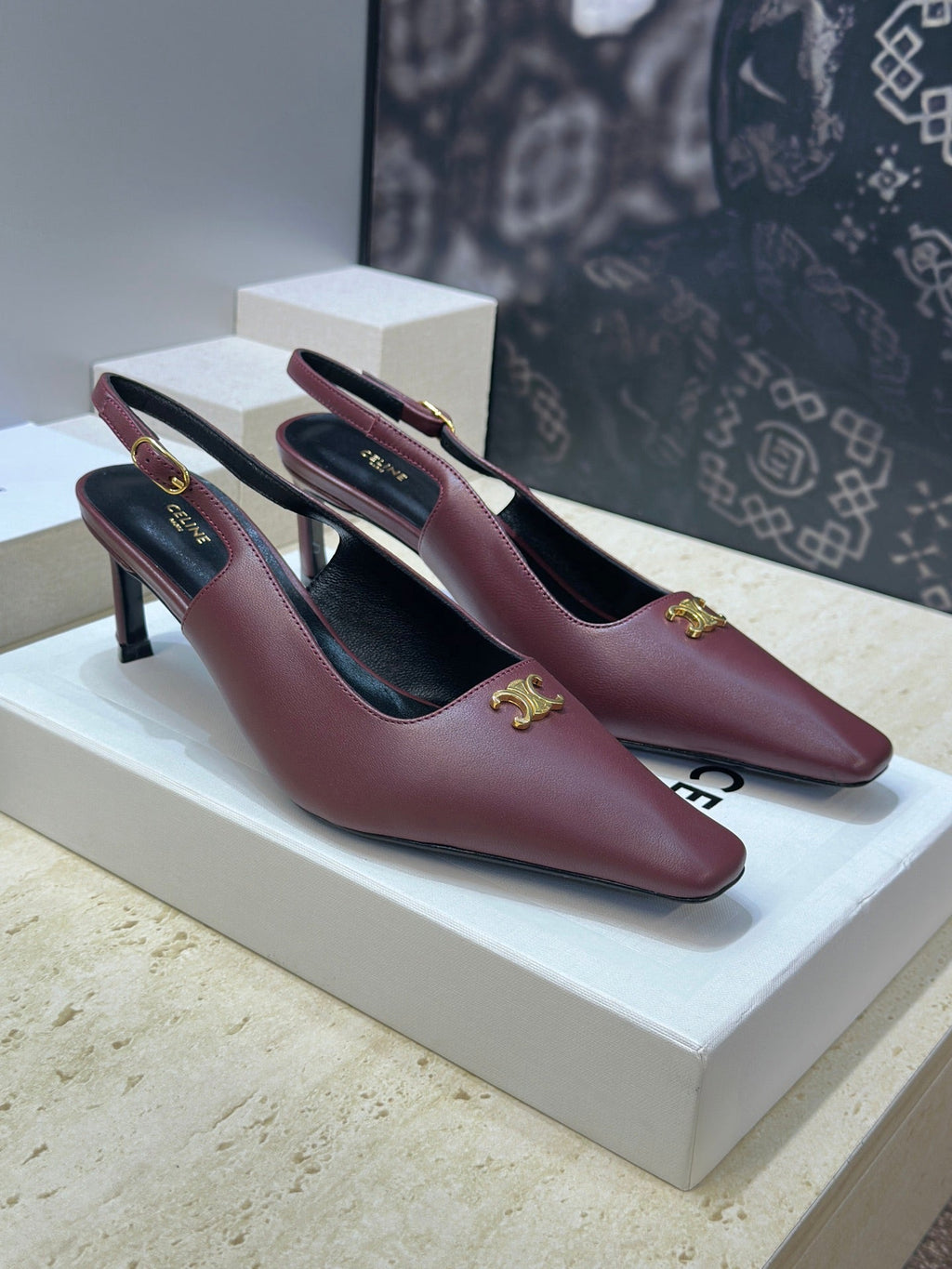 CELINE 26S SLINGBACK HEELS 65 MM IN DARK RED CALFSKIN
