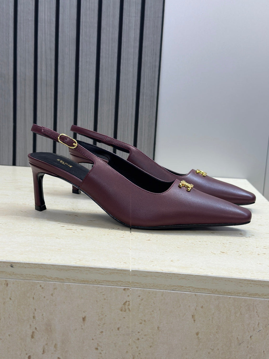 CELINE 26S SLINGBACK HEELS 65 MM IN DARK RED CALFSKIN