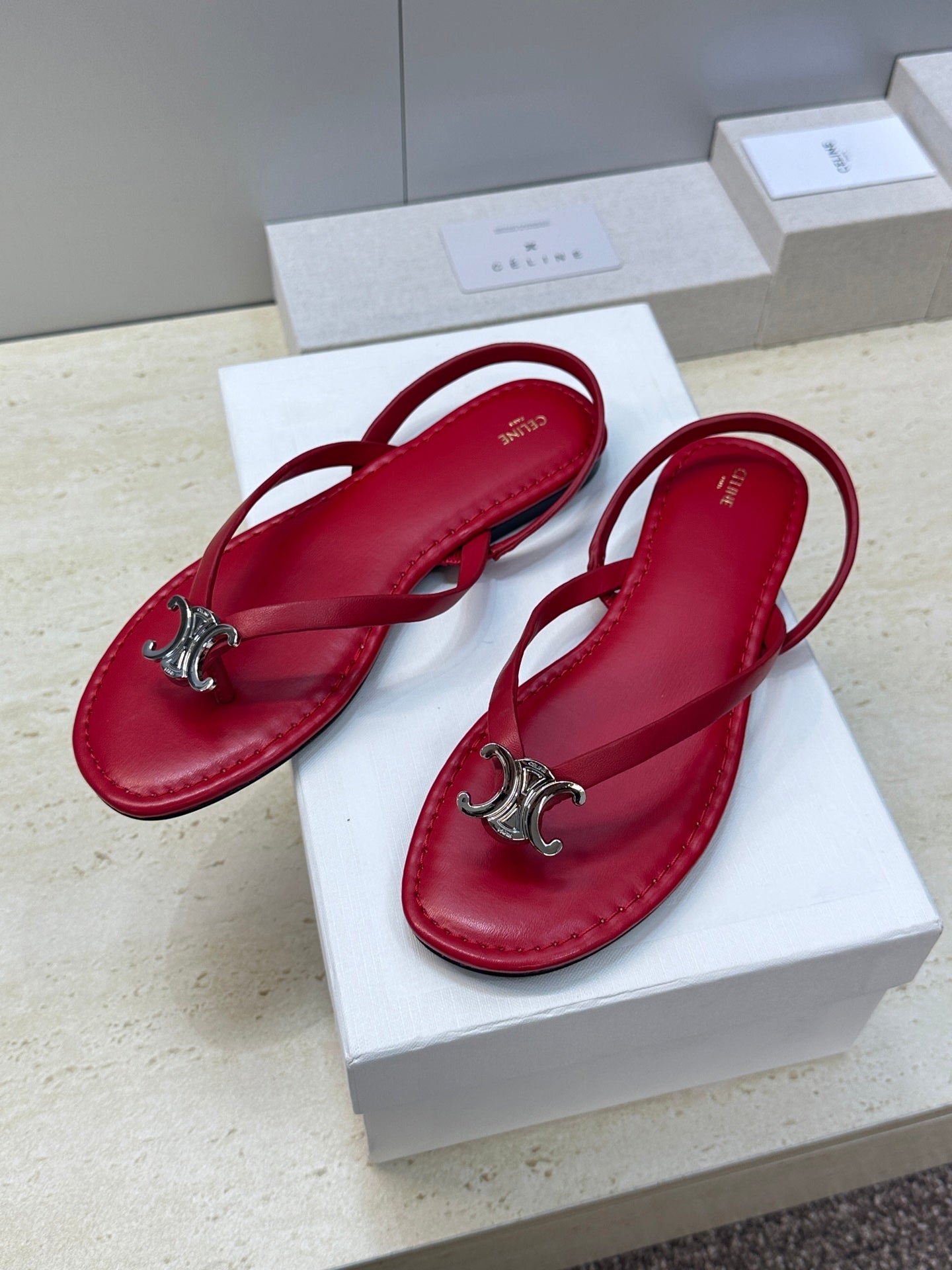 CELINE 26S THONG SANDALS IN RED CALFSKIN