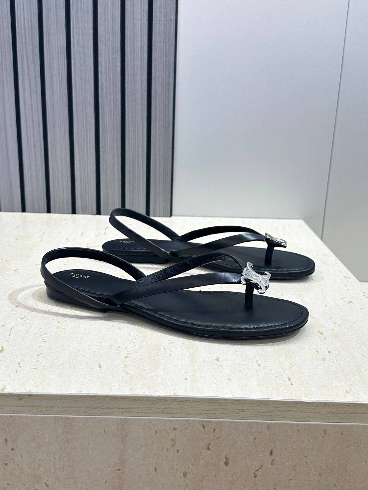 CELINE 26S THONG SANDALS IN BLACK CALFSKIN
