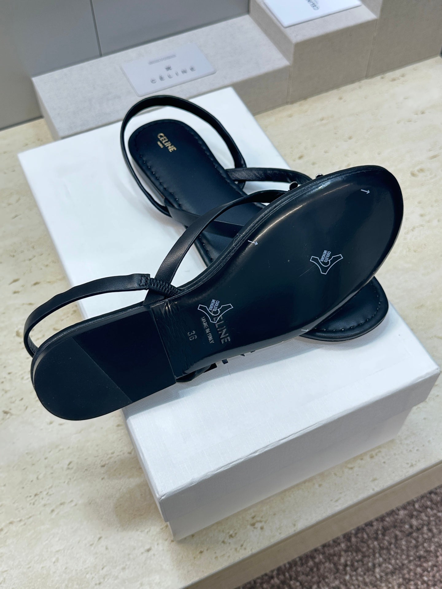 CELINE 26S THONG SANDALS IN BLACK CALFSKIN