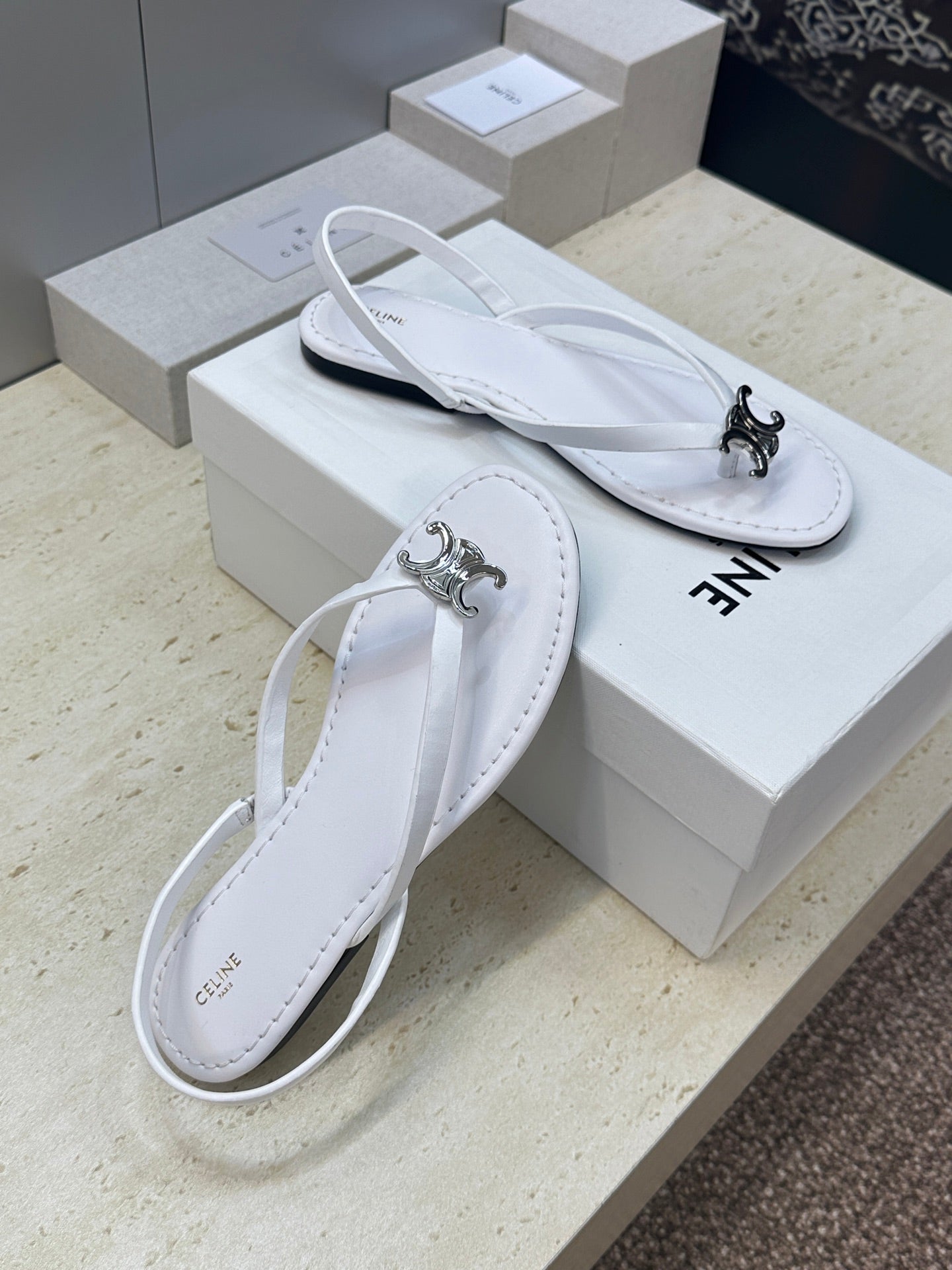 CELINE 26S THONG SANDALS IN WHITE CALFSKIN