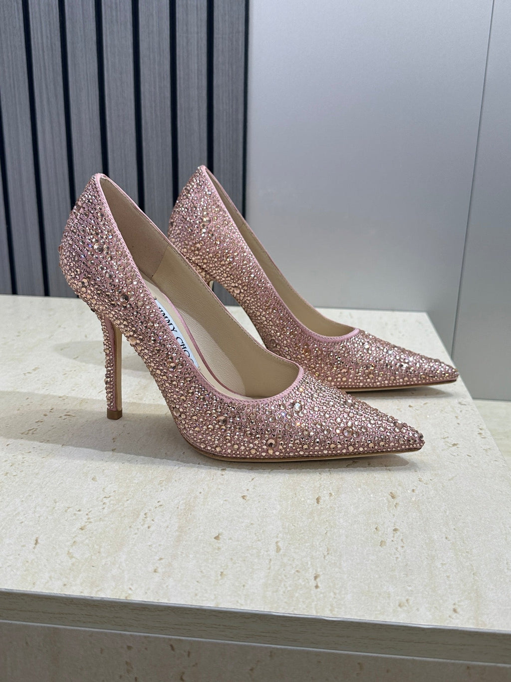 JIMMY CHOO 26S HIGH HEELS 95 MM IN PINK ROSE GOLD CRYSTAL-EMBELLISHED