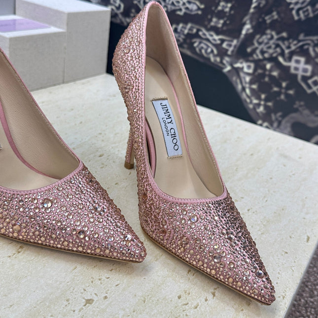 JIMMY CHOO 26S HIGH HEELS 95 MM IN PINK ROSE GOLD CRYSTAL-EMBELLISHED