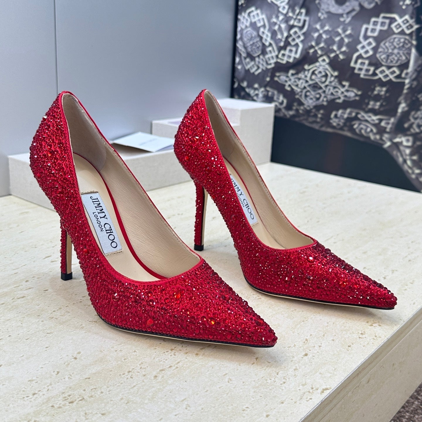 JIMMY CHOO 26S HIGH HEELS 95 MM IN RED CRYSTAL-EMBELLISHED