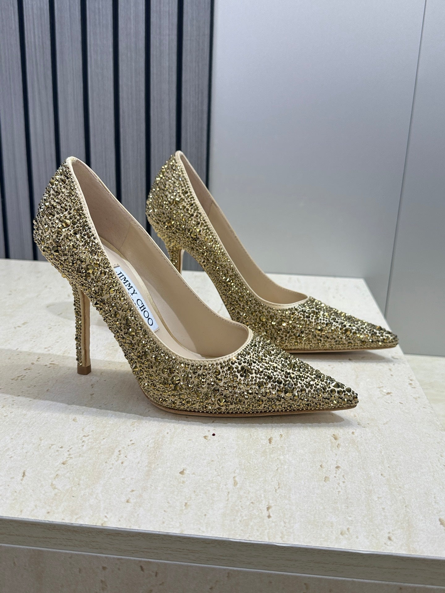 JIMMY CHOO 26S HIGH HEELS 95 MM IN GOLD CRYSTAL-EMBELLISHED