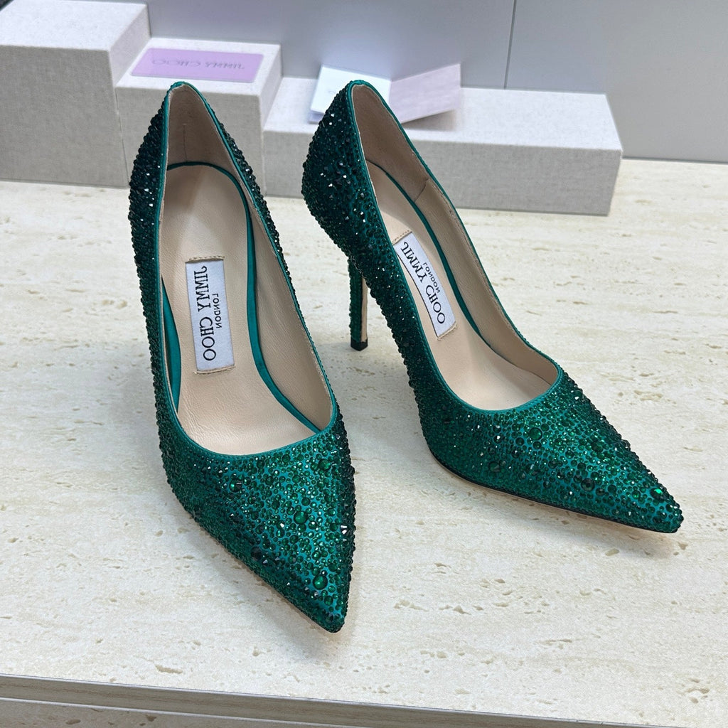 JIMMY CHOO 26S HIGH HEELS 95 MM IN GREEN CRYSTAL-EMBELLISHED