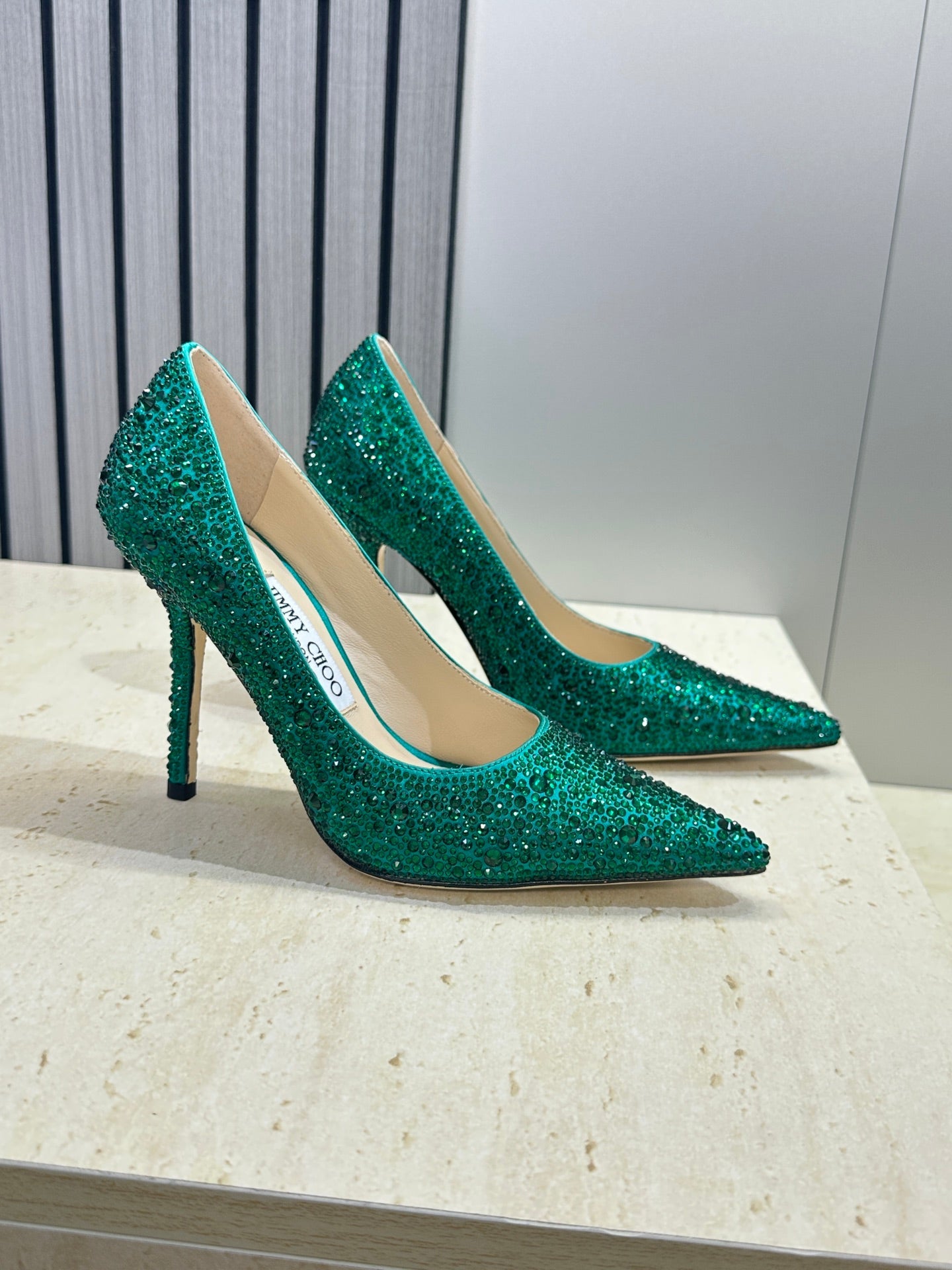 JIMMY CHOO 26S HIGH HEELS 95 MM IN GREEN CRYSTAL-EMBELLISHED