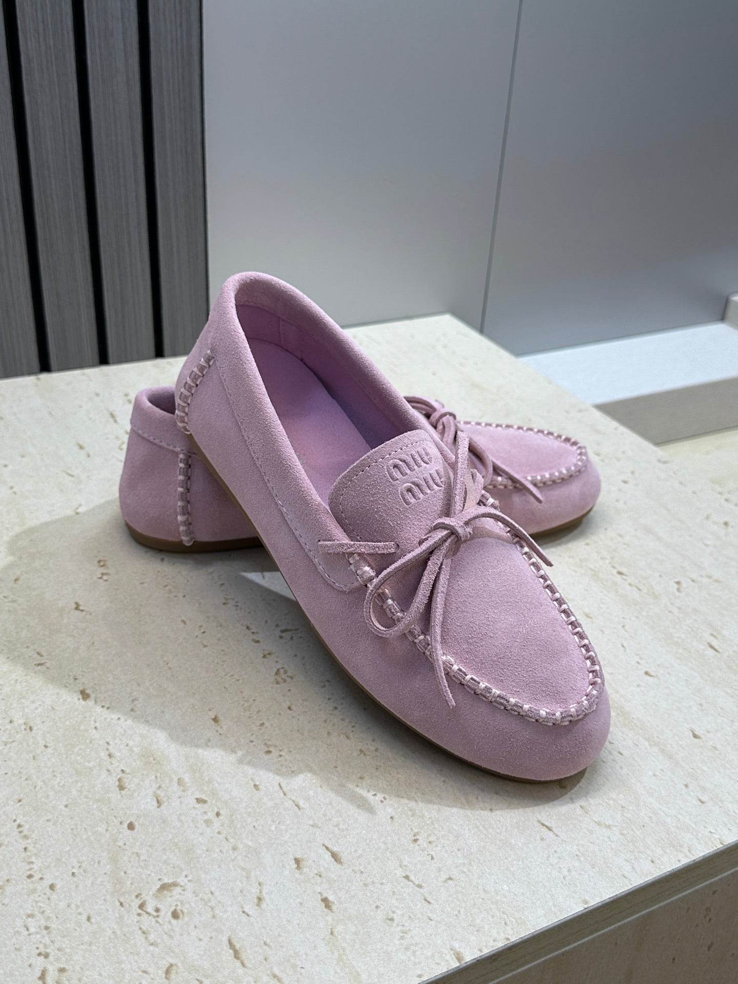 MIUMIU 26S LOAFERS IN LIGHT PURPLE SUEDE WITH BOW