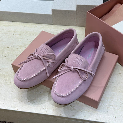 MIUMIU 26S LOAFERS IN LIGHT PURPLE SUEDE WITH BOW