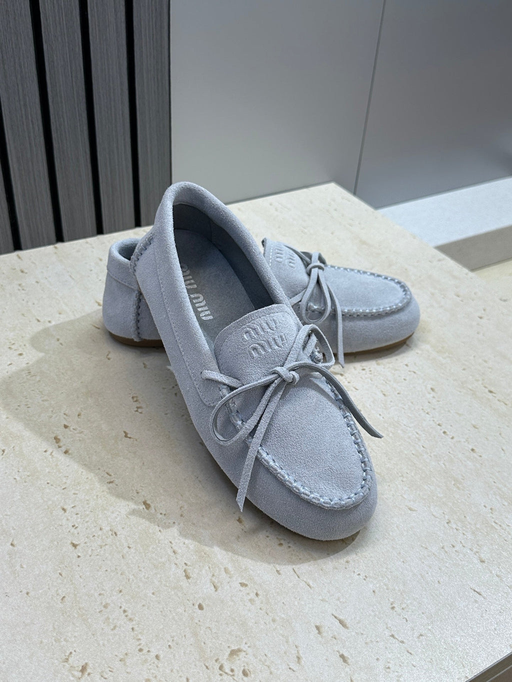 MIUMIU 26S LOAFERS IN LIGHT BLUE SUEDE WITH BOW