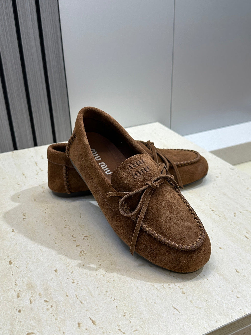 MIUMIU 26S LOAFERS IN DARK BROWN SUEDE WITH BOW