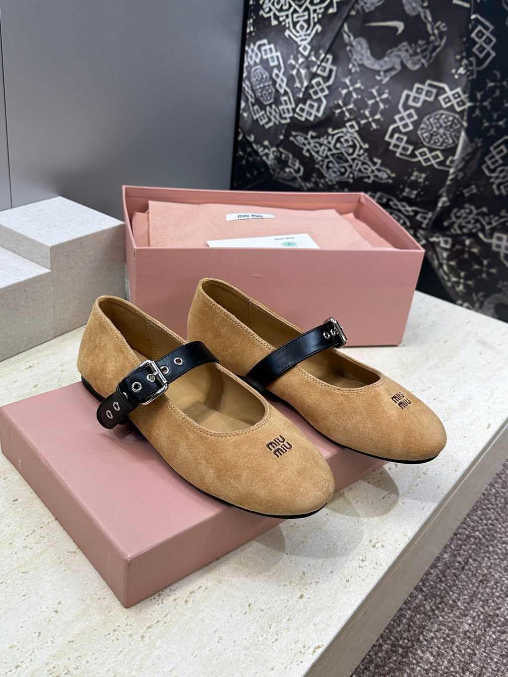 MIUMIU 26S MARY JANE FLATS IN TAN BROWN SUEDE WITH BUCKLE STRAP CALFSKIN