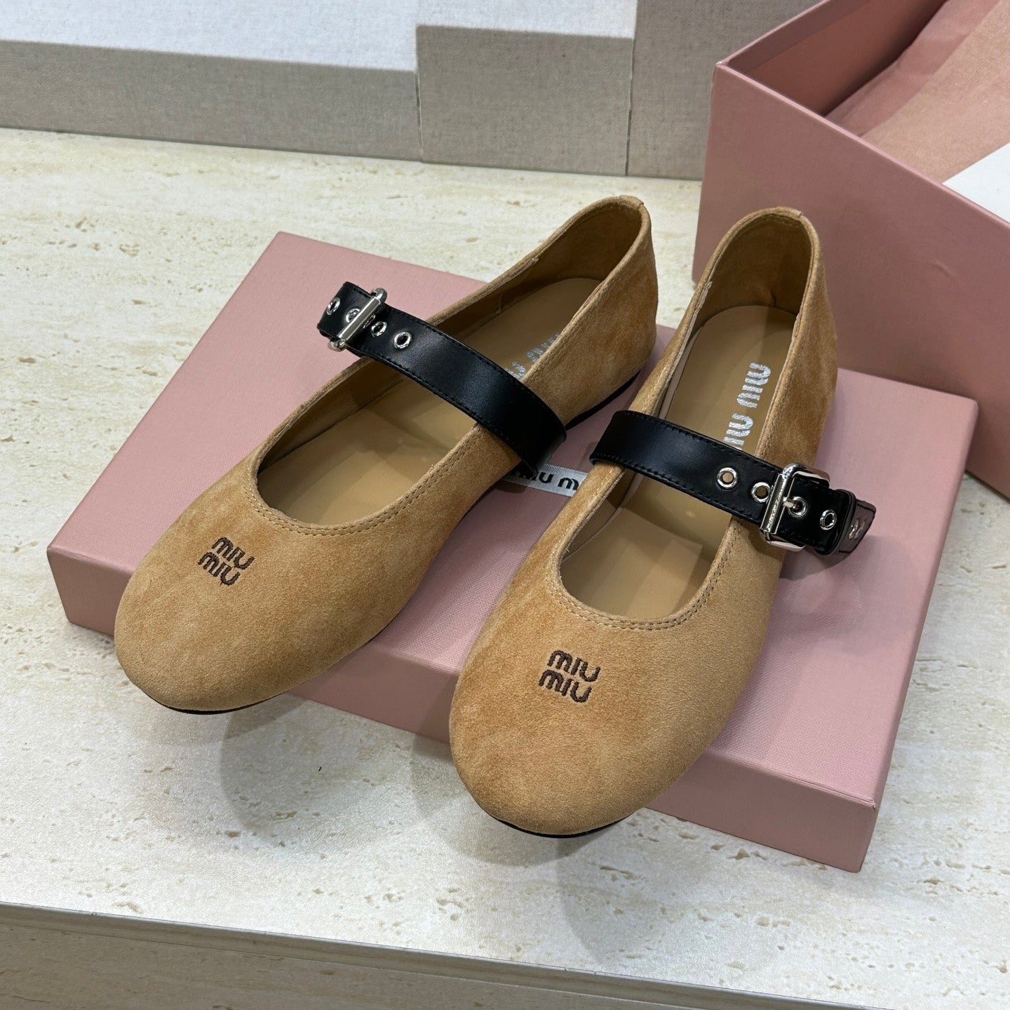 MIUMIU 26S MARY JANE FLATS IN TAN BROWN SUEDE WITH BUCKLE STRAP CALFSKIN