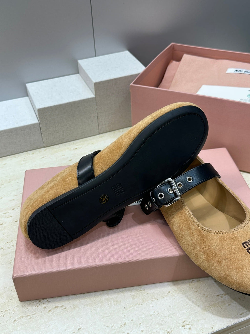 MIUMIU 26S MARY JANE FLATS IN TAN BROWN SUEDE WITH BUCKLE STRAP CALFSKIN