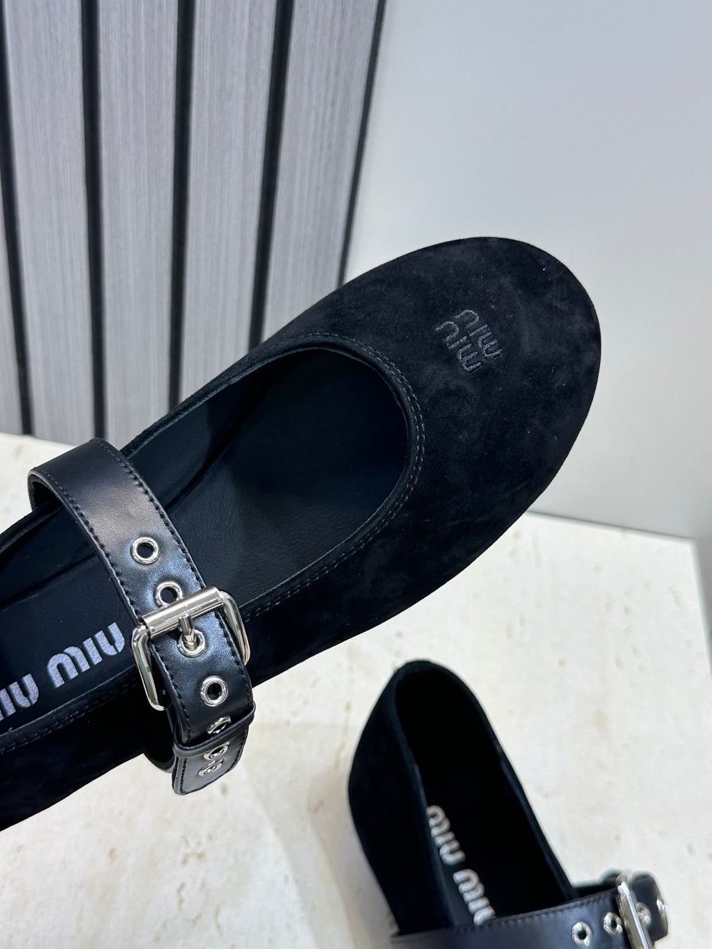 MIUMIU 26S MARY JANE FLATS IN BLACK SUEDE WITH BUCKLE STRAP CALFSKIN