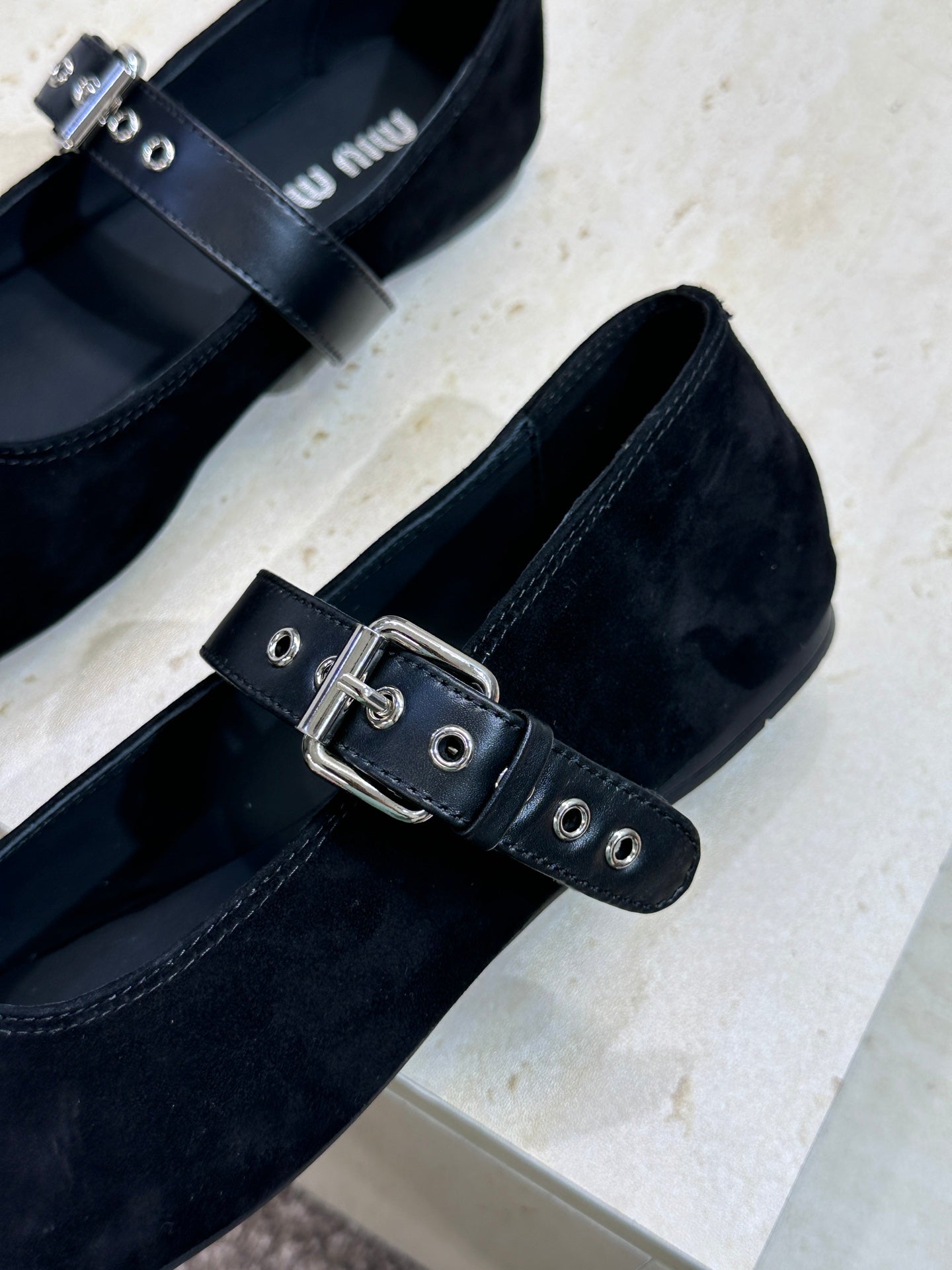 MIUMIU 26S MARY JANE FLATS IN BLACK SUEDE WITH BUCKLE STRAP CALFSKIN