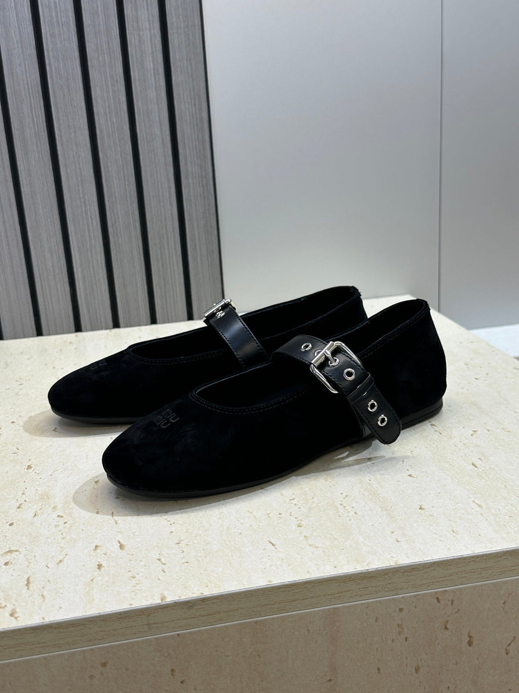 MIUMIU 26S MARY JANE FLATS IN BLACK SUEDE WITH BUCKLE STRAP CALFSKIN