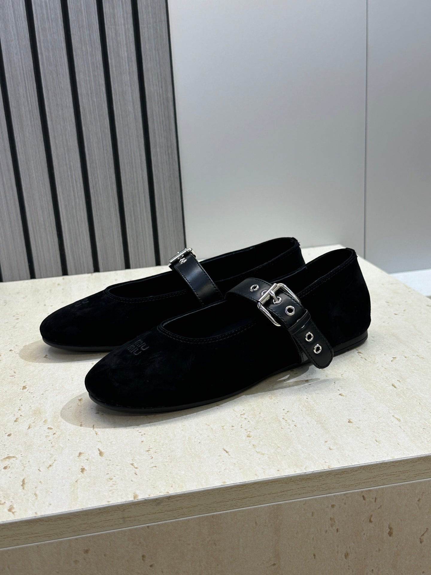 MIUMIU 26S MARY JANE FLATS IN BLACK SUEDE WITH BUCKLE STRAP CALFSKIN