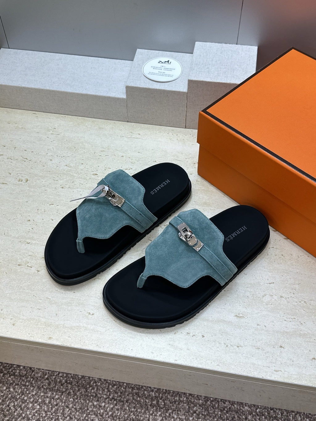 HM 26S EMPIRE SANDAL IN DUSTY SKY BLUE SUEDE SILVER HARDWARE
