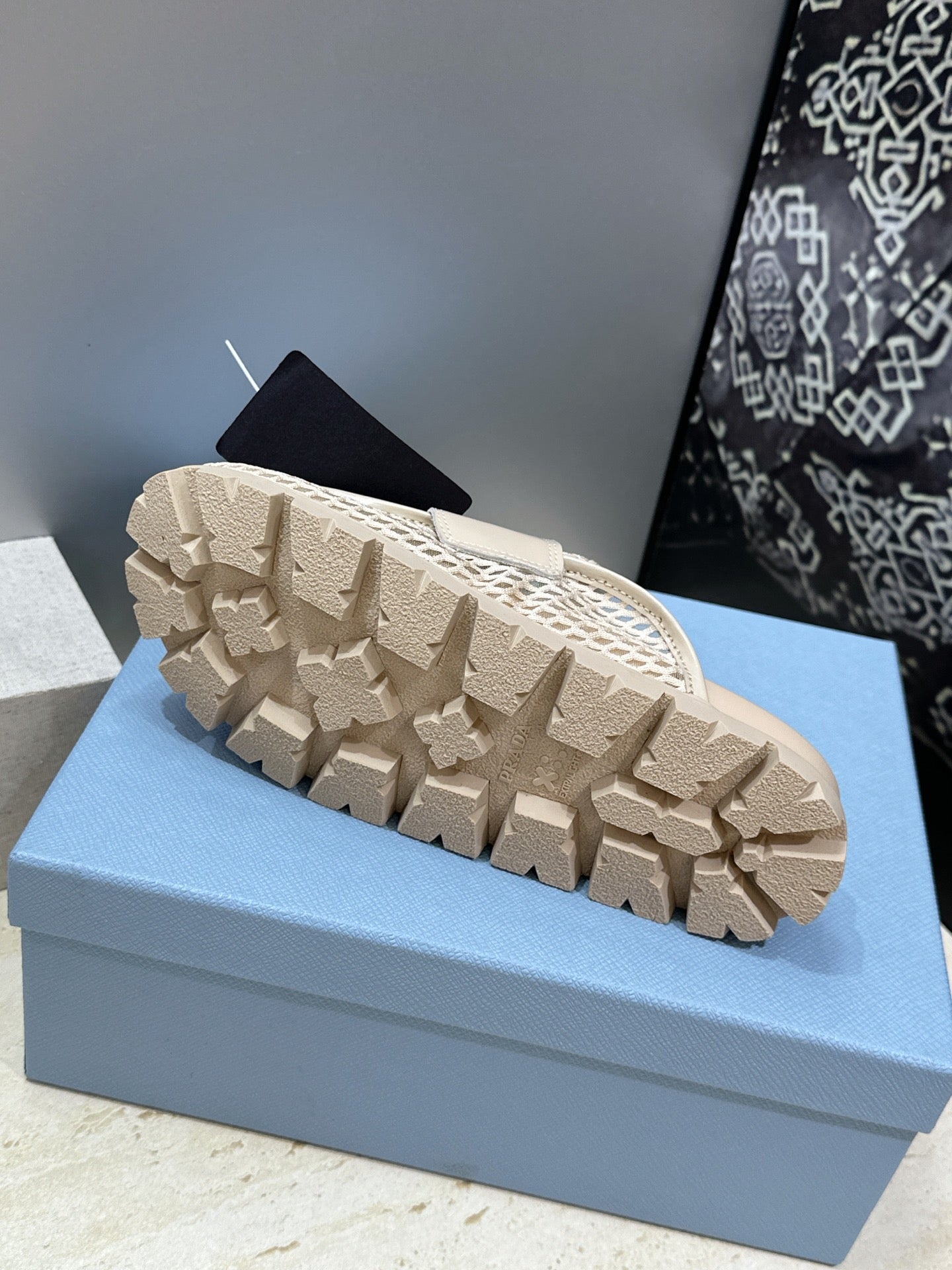 PRADA 26S MULE LOAFERS IN BEIGE MESH AND CALFSKIN