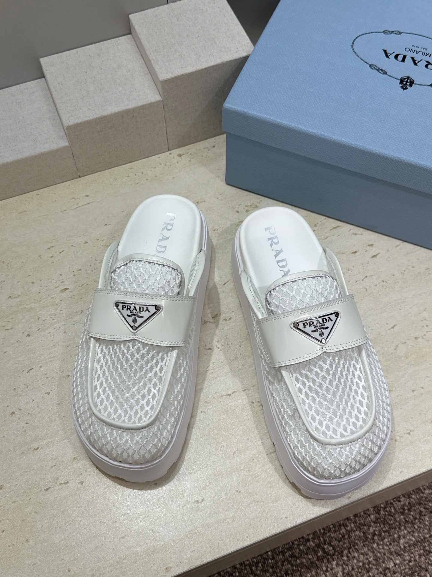 PRADA 26S MULE LOAFERS IN WHITE MESH AND CALFSKIN
