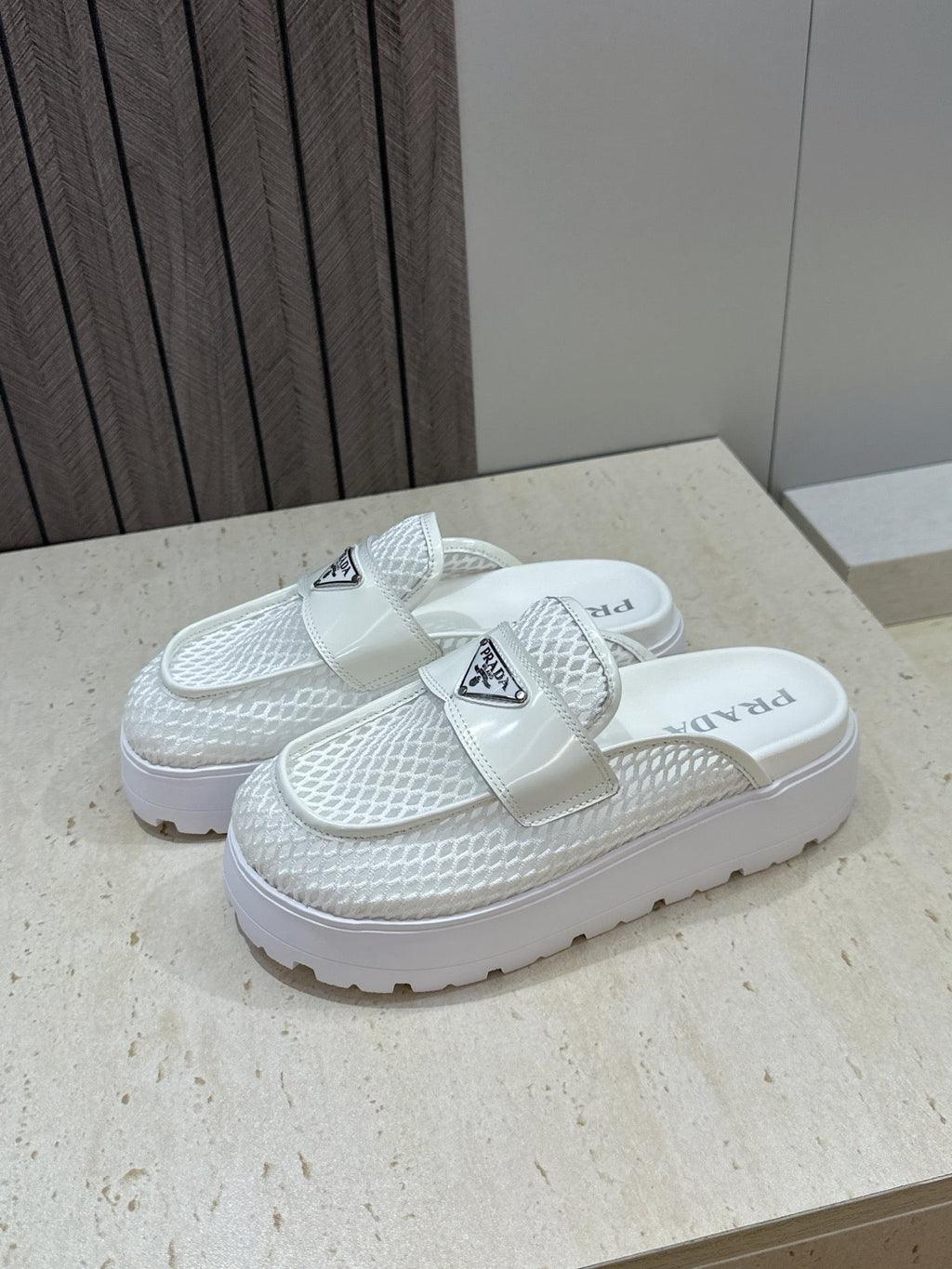 PRADA 26S MULE LOAFERS IN WHITE MESH AND CALFSKIN