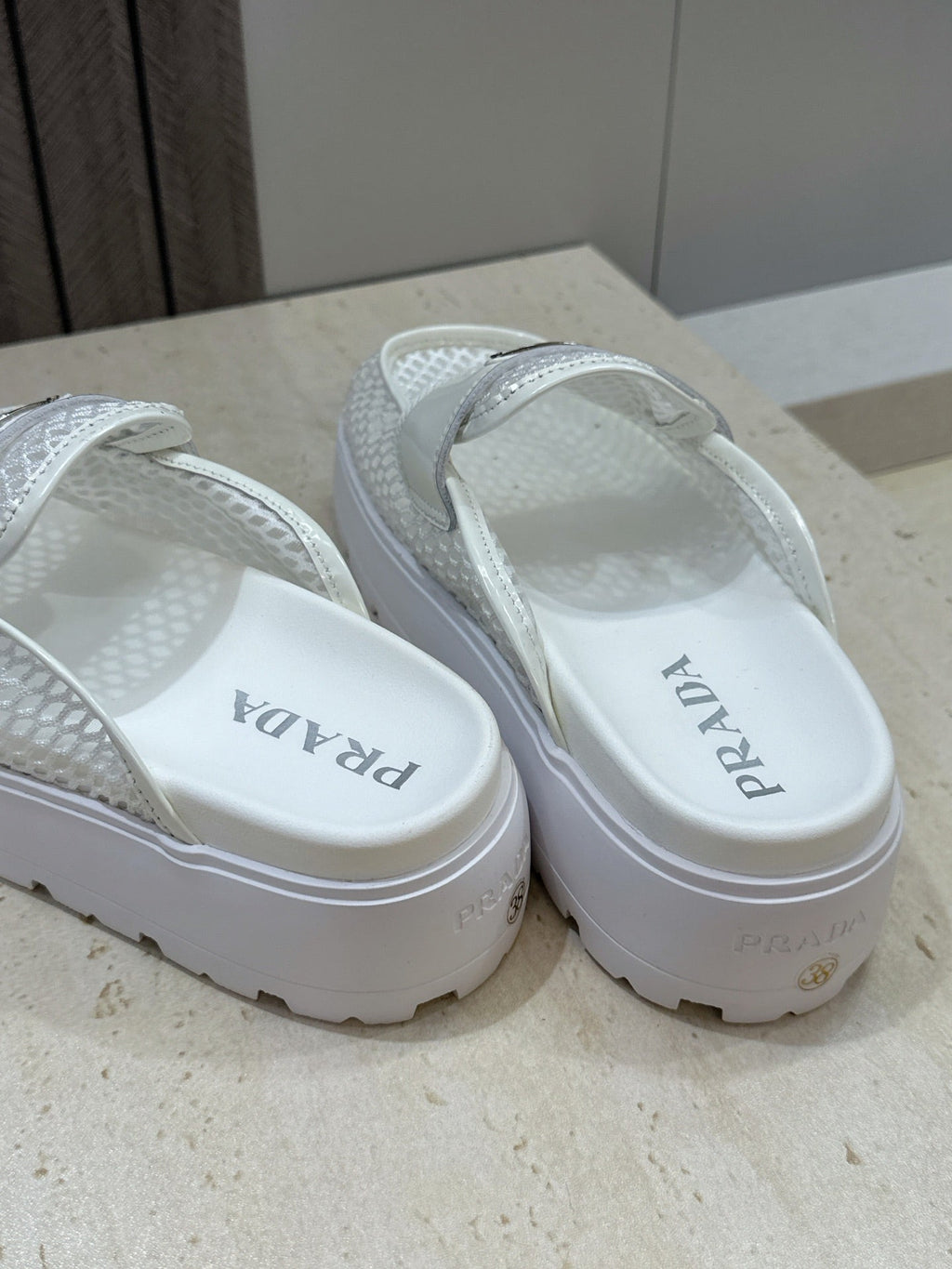 PRADA 26S MULE LOAFERS IN WHITE MESH AND CALFSKIN