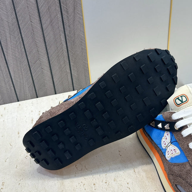 VALENTINO 26S BUTTERFLY EMBROIDERED SNEAKERS IN BROWN SUEDE & BLUE FABRIC