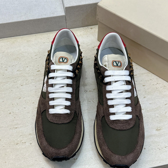VALENTINO 26S BUTTERFLY EMBROIDERED SNEAKERS IN BROWN SUEDE & MOSS GREEN FABRIC