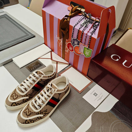 GUCCI 26S GG WEB SNEAKERS IN BEIGE GG CANVAS