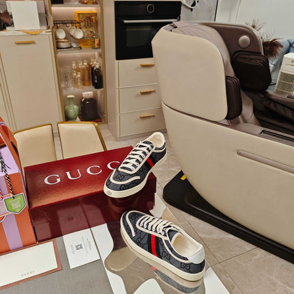 GUCCI 26S GG WEB SNEAKERS IN DARK GREY AND WHITE GG CANVAS