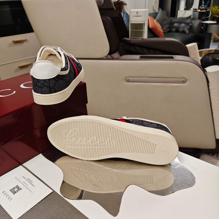 GUCCI 26S GG WEB SNEAKERS IN DARK GREY AND WHITE GG CANVAS