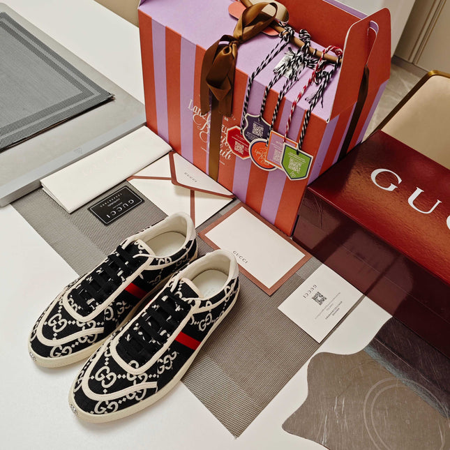 GUCCI 26S GG WEB SNEAKERS IN BLACK AND WHITE GG CANVAS