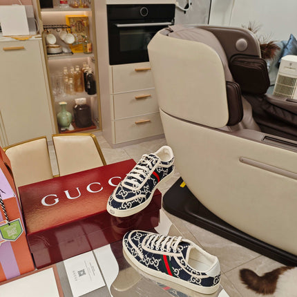 GUCCI 26S GG WEB SNEAKERS IN NAVY BLUE AND WHITE GG CANVAS