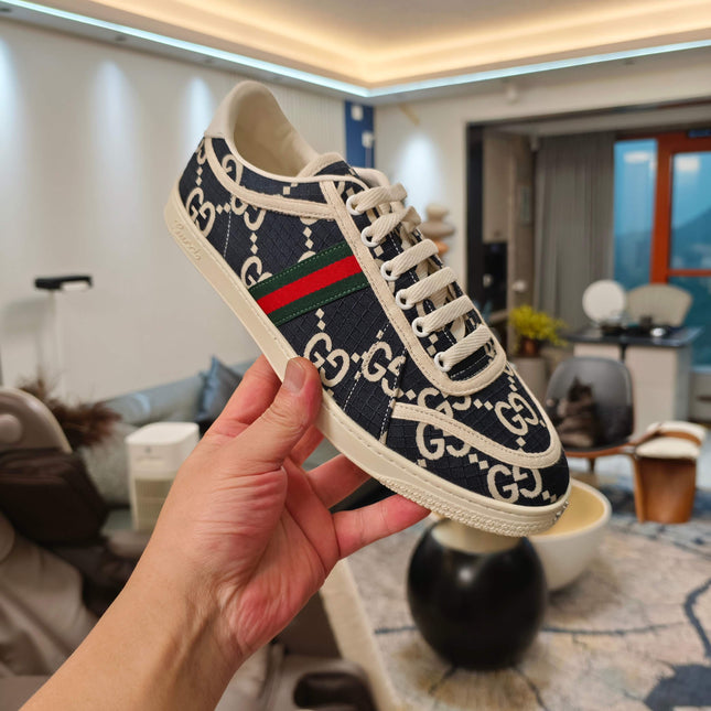 GUCCI 26S GG WEB SNEAKERS IN NAVY BLUE AND WHITE GG CANVAS