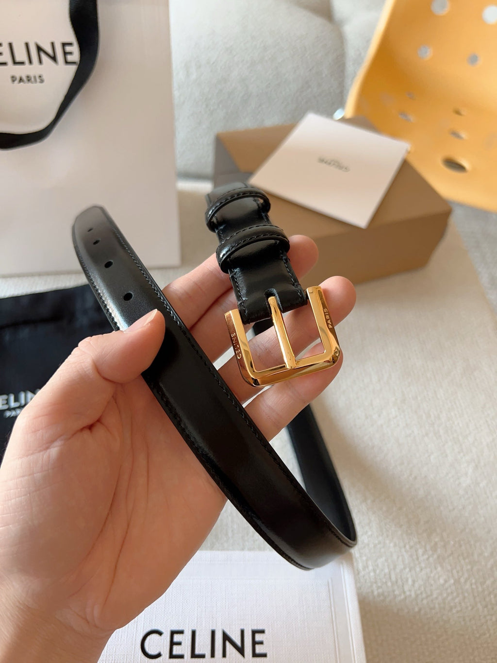 CELINE 25S BELT 25MM IN BLACK CALFSKIN GOLD HARDWARE 561796