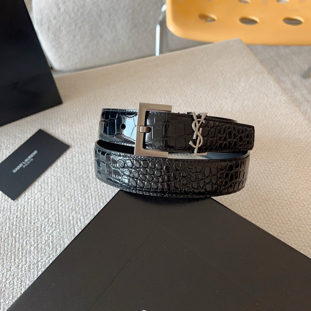 YSL 25S BELT 30 MM IN BLACK CALFSKIN SNAKE-EMBOSSED 571010