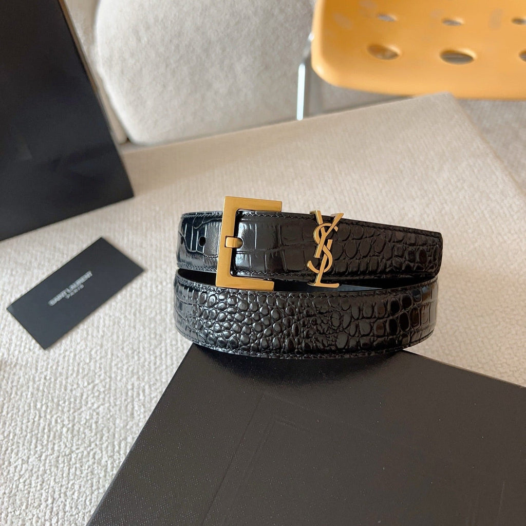 YSL 25S BELT 30 MM IN BLACK CALFSKIN SNAKE-EMBOSSED 571011