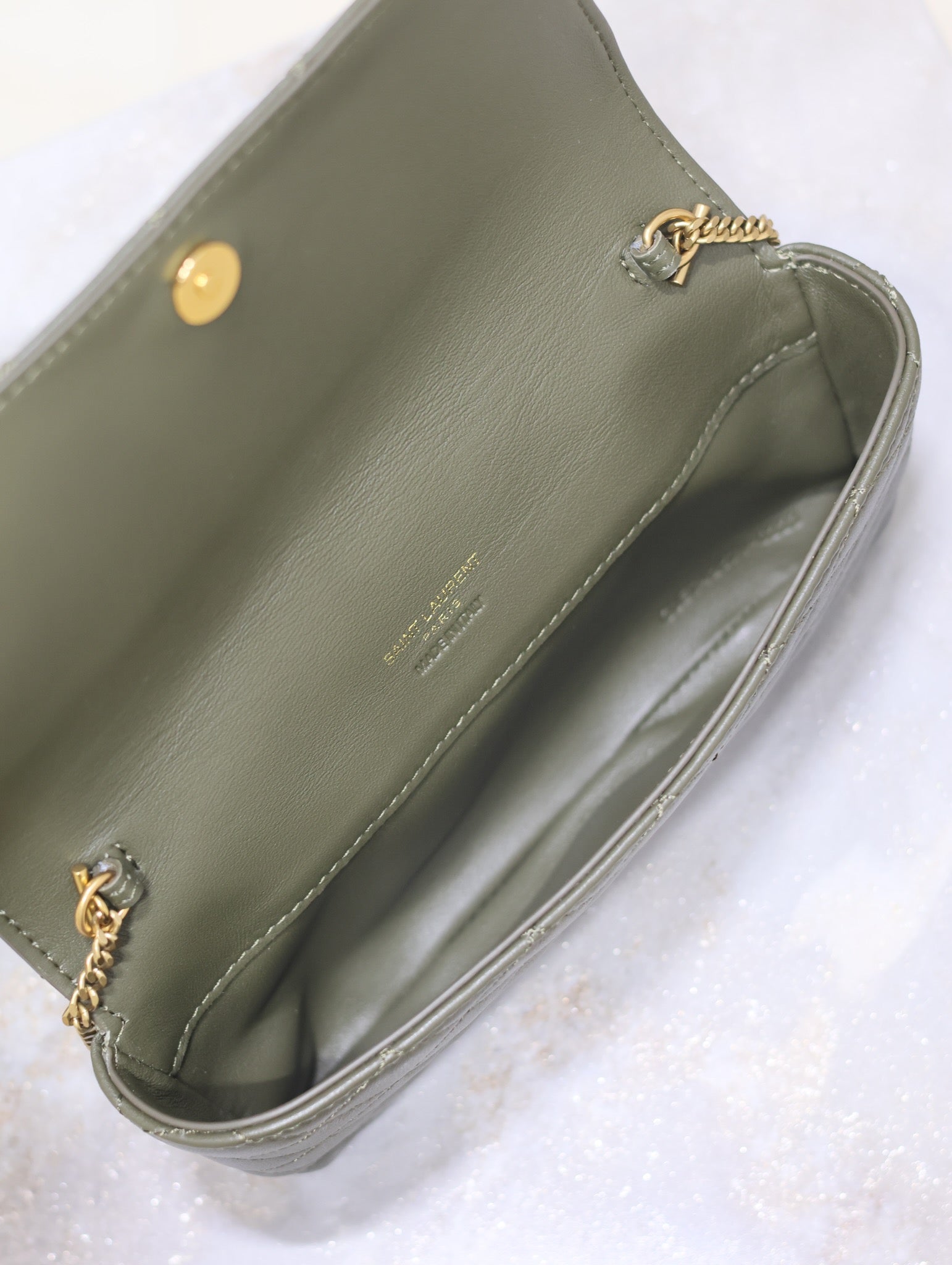 YSL 25S SAINT LAURENT GABY 19 IN DARK OLIVE QUILTED CALFSKIN GOLD HARDWARE