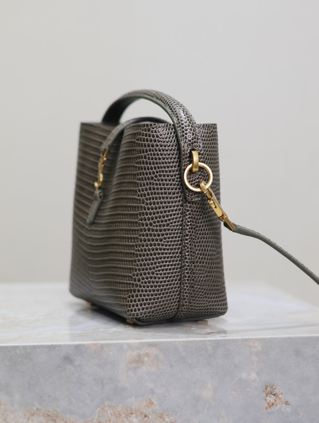 YSL 25S LE 37 MINI 15 IN BROWN LIZARD PATTERN CALFSKIN GOLD HARDWARE