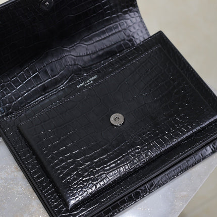 YSL 25S SUNSET MEDIUM 22 IN BLACK CROCODILE-EMBOSSED SHINY CALFSKIN BLACK HARDWARE