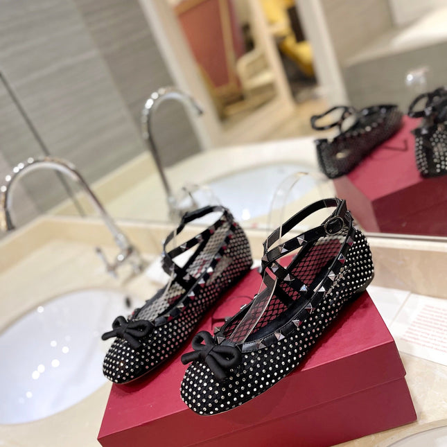 VALENTINO 26S BALLET FLATS IN BLACK CRYSTAL-EMBELLISHED MESH