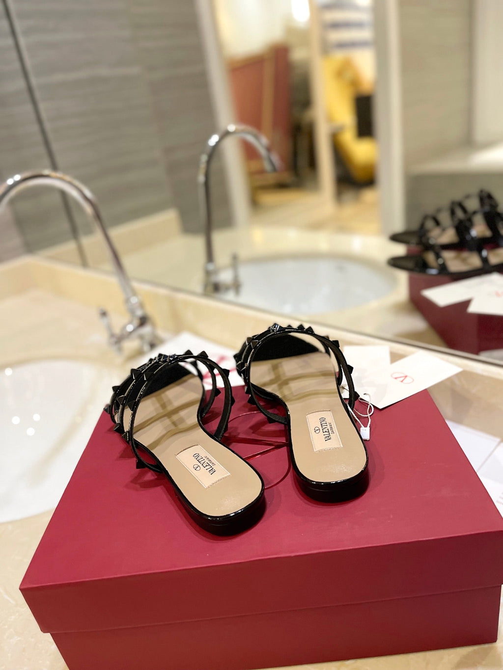 VALENTINO 26S ROCKSTUD CAGED SANDALS IN BLACK PATENT CALFSKIN