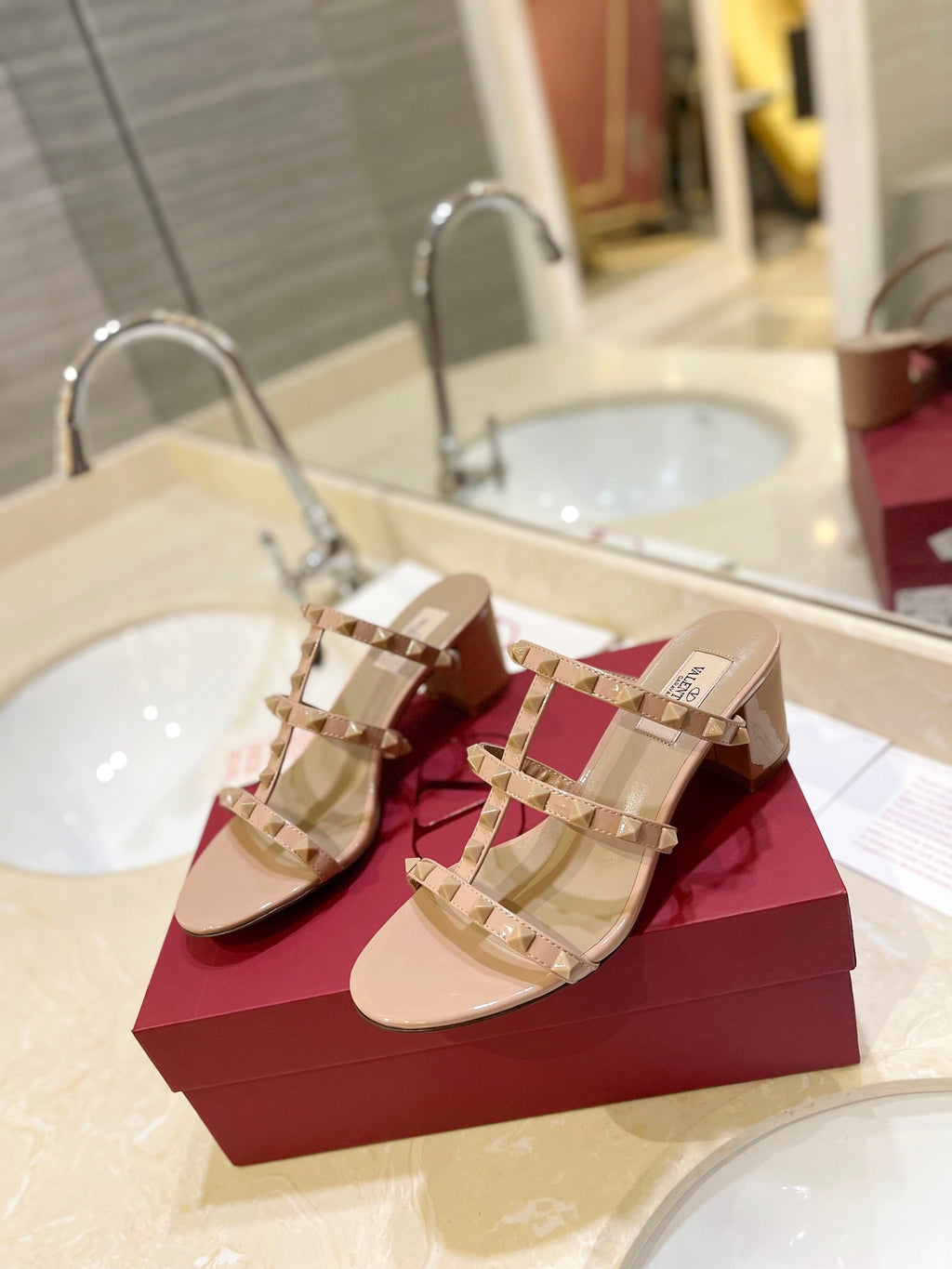 VALENTINO 26S ROCKSTUD CAGED HEELED SANDALS 60 MM IN NUDE PATENT CALFSKIN
