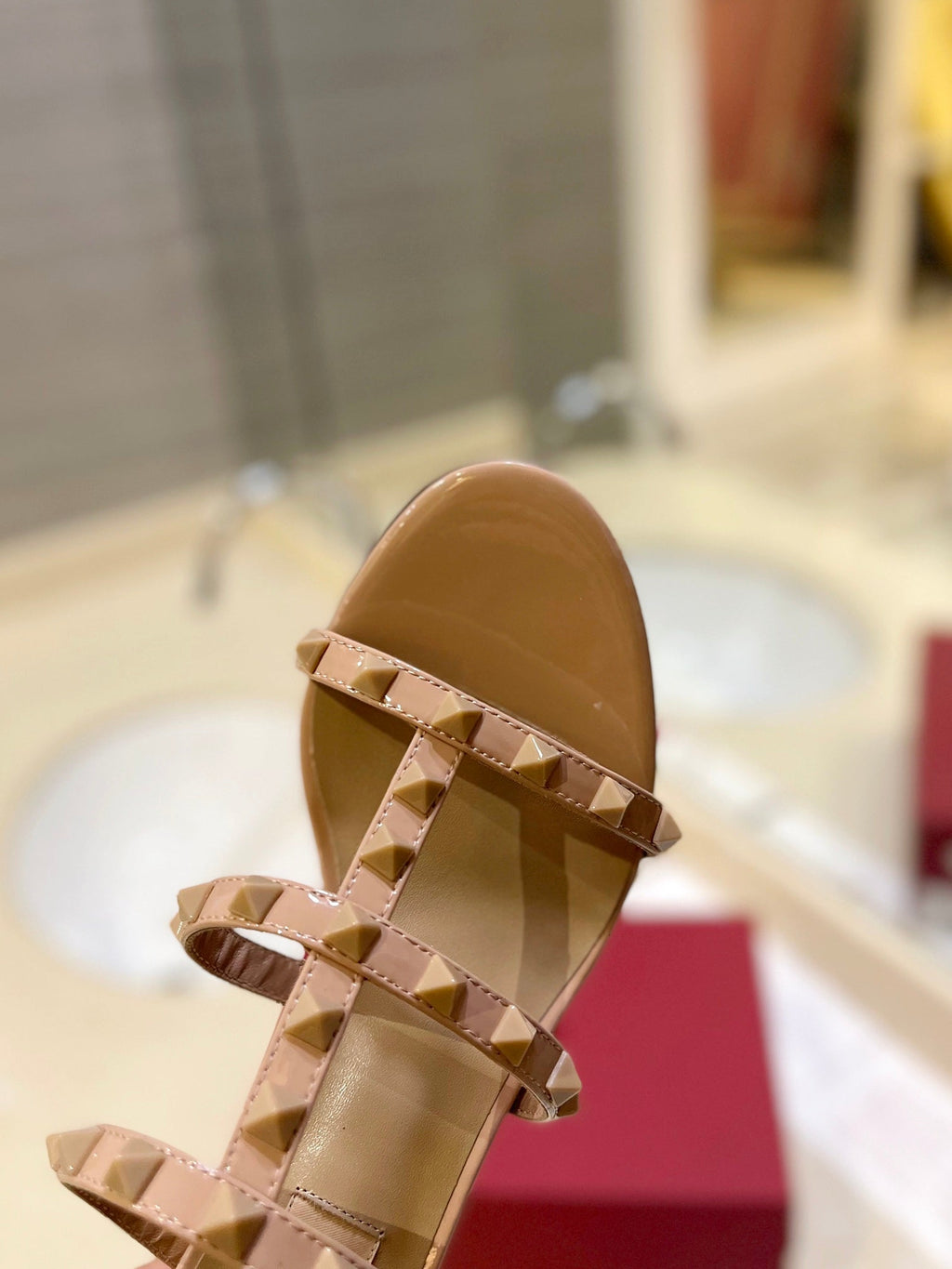 VALENTINO 26S ROCKSTUD CAGED HEELED SANDALS 60 MM IN NUDE PATENT CALFSKIN