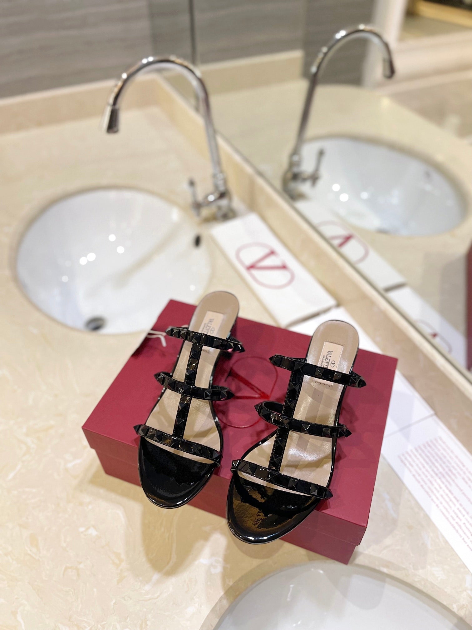 VALENTINO 26S ROCKSTUD CAGED HEELED SANDALS 60 MM IN BLACK PATENT CALFSKIN