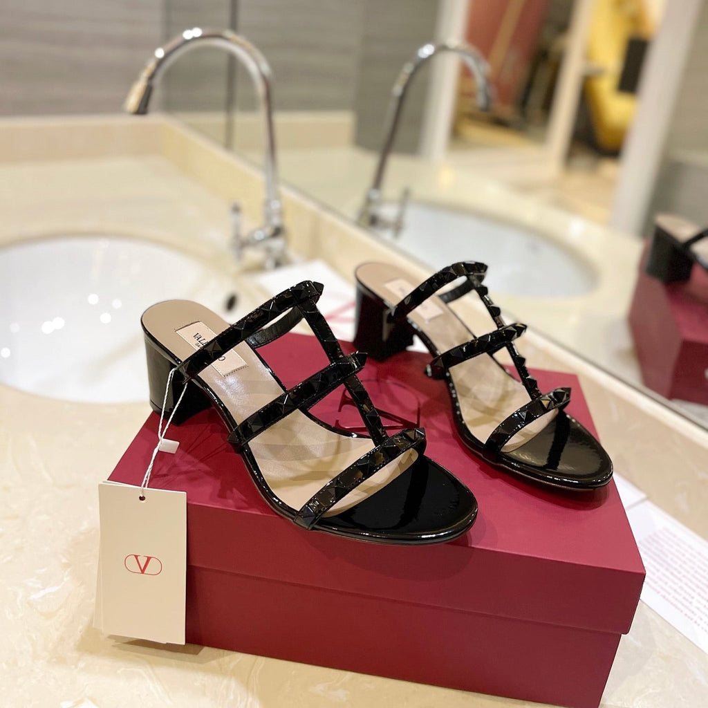 VALENTINO 26S ROCKSTUD CAGED HEELED SANDALS 60 MM IN BLACK PATENT CALFSKIN