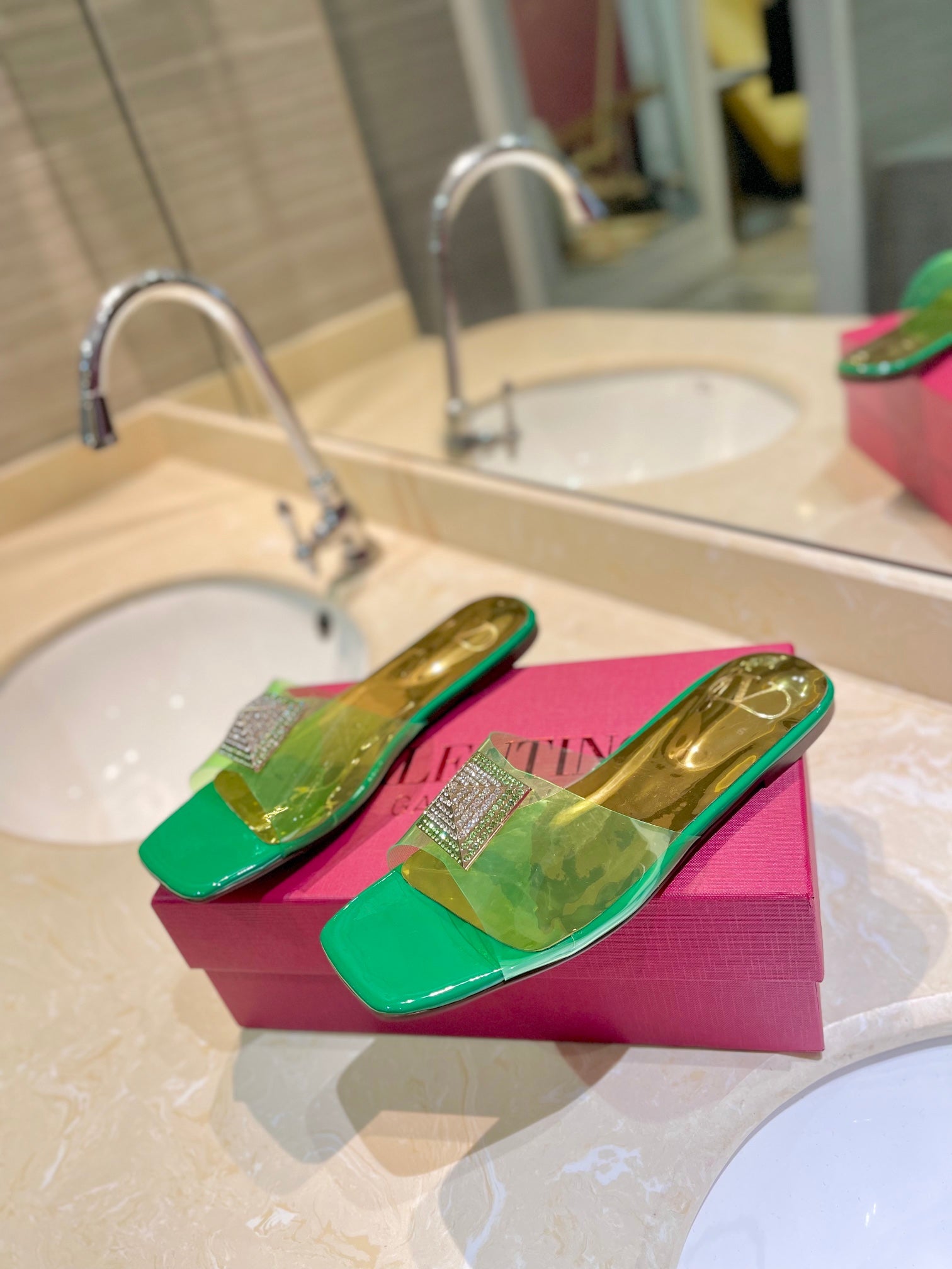 VALENTINO 26S FLAT SLIDES IN GREEN MIX GOLD LAMBSKIN WITH CRYSTAL