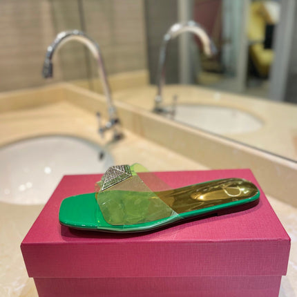 VALENTINO 26S FLAT SLIDES IN GREEN MIX GOLD LAMBSKIN WITH CRYSTAL